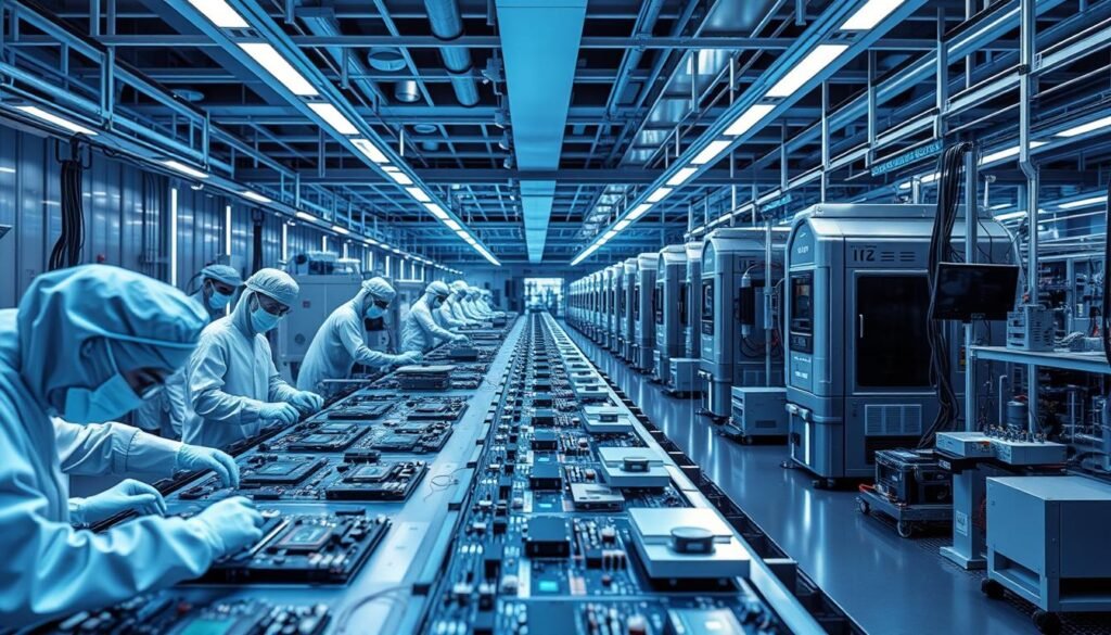 A sleek, futuristic assembly line in a state-of-the-art electronics manufacturing facility. In the foreground, workers in clean-room suits meticulously assemble printed circuit boards, their movements precise and efficient. The middle ground features advanced robotic arms and automated testing equipment, ensuring consistent quality control. In the background, rows of gleaming, high-tech machinery hum with power, bathed in a cool, blue-tinted lighting that lends an air of technical sophistication. The entire scene conveys a sense of order, precision, and adherence to the highest industry standards, perfectly capturing the essence of "Conformal Coating: Protecting Your PCBAs from Harsh Environments."