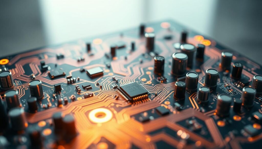 A sleek, futuristic printed circuit board (PCB) showcasing the seamless integration of renewable energy components. In the foreground, the Informic Electronics logo shines brightly, reflecting the company's commitment to sustainability and innovation. The middle ground features intricate copper traces, microchips, and capacitors arranged in a harmonious, organic layout, evocative of a thriving ecosystem. The background depicts a softly-lit, minimalist scene, with clean lines and a sense of technological elegance. Subtle, warm lighting casts a gentle glow, highlighting the precision engineering and attention to detail. This image conveys the perfect balance of form and function, embodying the essence of "Energy Sector PCBA: Sustainability and Innovation".