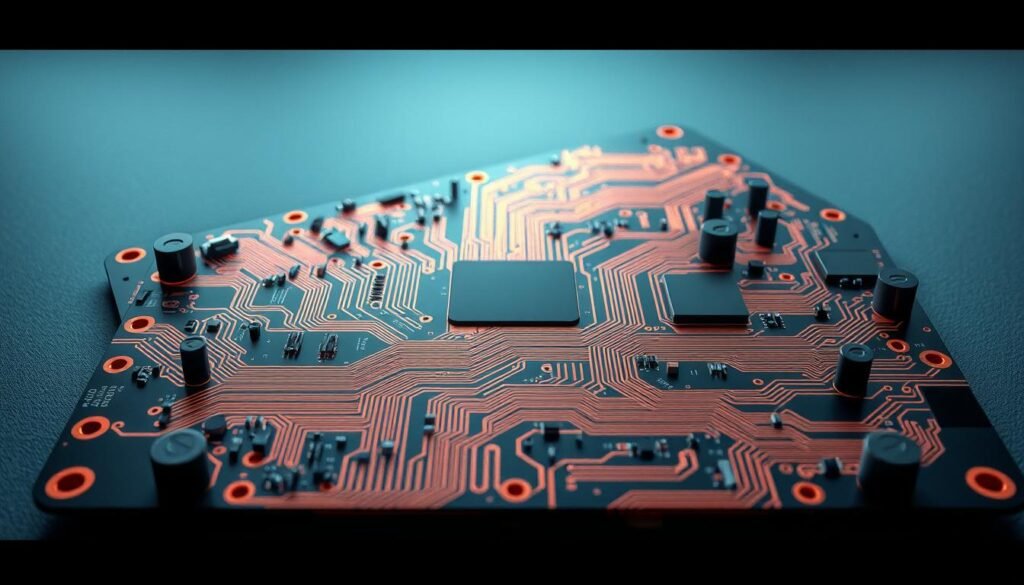 A sleek, high-tech PCB design for IoT products, showcasing intricate copper traces, vias, and components arranged in a visually striking, scalable layout. The board is illuminated by cool, directional lighting, emphasizing its modern, industrial aesthetic. The perspective is slightly elevated, allowing the viewer to appreciate the board's sophisticated, modular architecture, hinting at its ability to accommodate diverse IoT applications. The background is a muted, gradient-based environment, keeping the focus firmly on the PCB's elegant engineering and potential for seamless scalability.