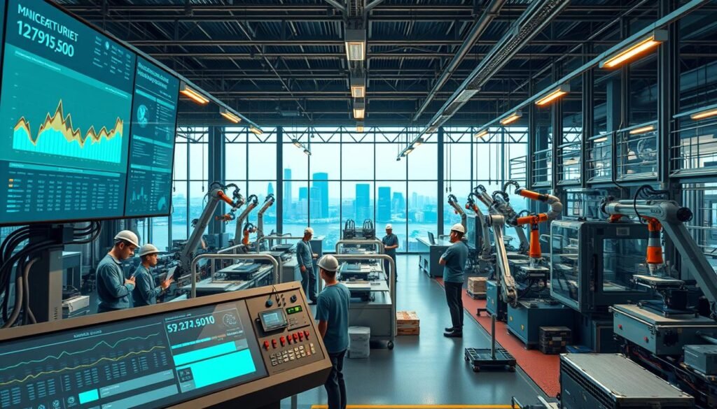 A sleek, high-tech manufacturing facility with real-time monitoring systems. The foreground features a central control panel with a large display screen, showcasing live production data and analytics. Surrounding the control panel are various robotic arms and automated assembly lines, all operating in perfect synchronization. The middle ground depicts the factory floor, with workers in protective gear closely monitoring the manufacturing process. Diffused lighting casts a warm, futuristic glow throughout the space, creating a sense of efficiency and precision. In the background, a panoramic window overlooks the cityscape, symbolizing the integration of this facility within the broader industrial landscape.
