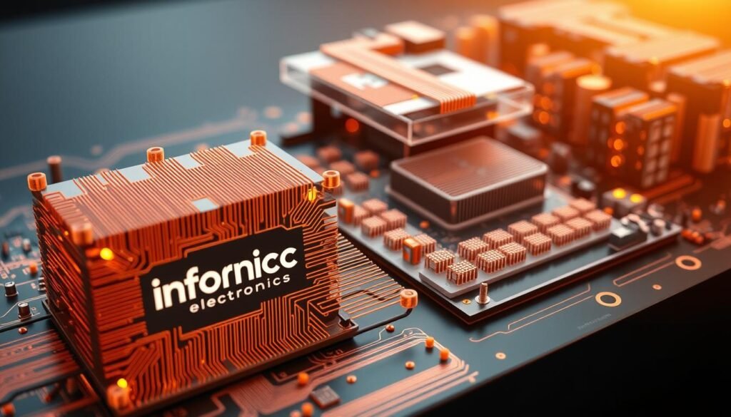 A sleek, high-tech printed circuit board (PCB) design, showcasing intricate thermal management solutions. In the foreground, a sectional view reveals a network of copper traces and vias strategically placed to dissipate heat, with Informic Electronics' logo prominently displayed. The middle ground features a 3D rendering of the PCB's internal layers, including thermal planes, thermal vias, and other advanced cooling mechanisms. In the background, a photorealistic rendering of the complete PCB assembly, bathed in a warm, yellowish glow, highlights the seamless integration of thermal management into the overall design. The image conveys a sense of sophistication, innovation, and technical excellence in high-speed 5G equipment PCBA manufacturing.
