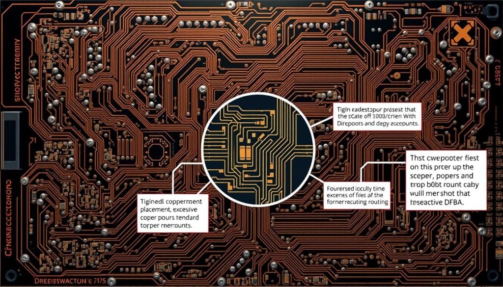 A sleek, high-tech printed circuit board layout fills the frame, showcasing the intricacies of Informic Electronics' design. In the foreground, a series of common DFM issues are highlighted, such as tight component placement, excessive copper pours, and improper trace routing. The middle ground features a magnified view of problematic areas, with explanatory callouts detailing the underlying causes and solutions. The background scene depicts a clean, minimalist environment, emphasizing the importance of proactive DFM strategies for effective PCBA manufacturing.