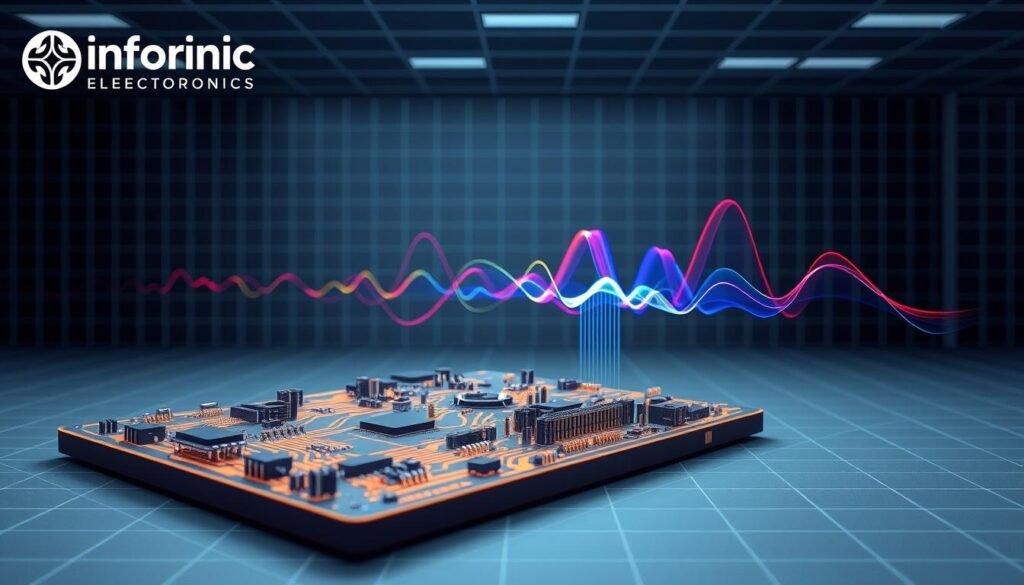 A sleek, high-tech simulation interface with a Informic Electronics logo prominently displayed. In the foreground, a detailed 3D schematic of a complex printed circuit board, with intricate traces, vias, and component footprints. The middle ground features a dynamic visualization of signal propagation, with colorful waveforms and electromagnetic field lines tracing the flow of data across the board. The background showcases a clean, minimalist workspace with subtle grid patterns and subtle lighting, creating a sense of precision and technical sophistication. The overall scene conveys the power and importance of high-speed PCB simulation and design verification.