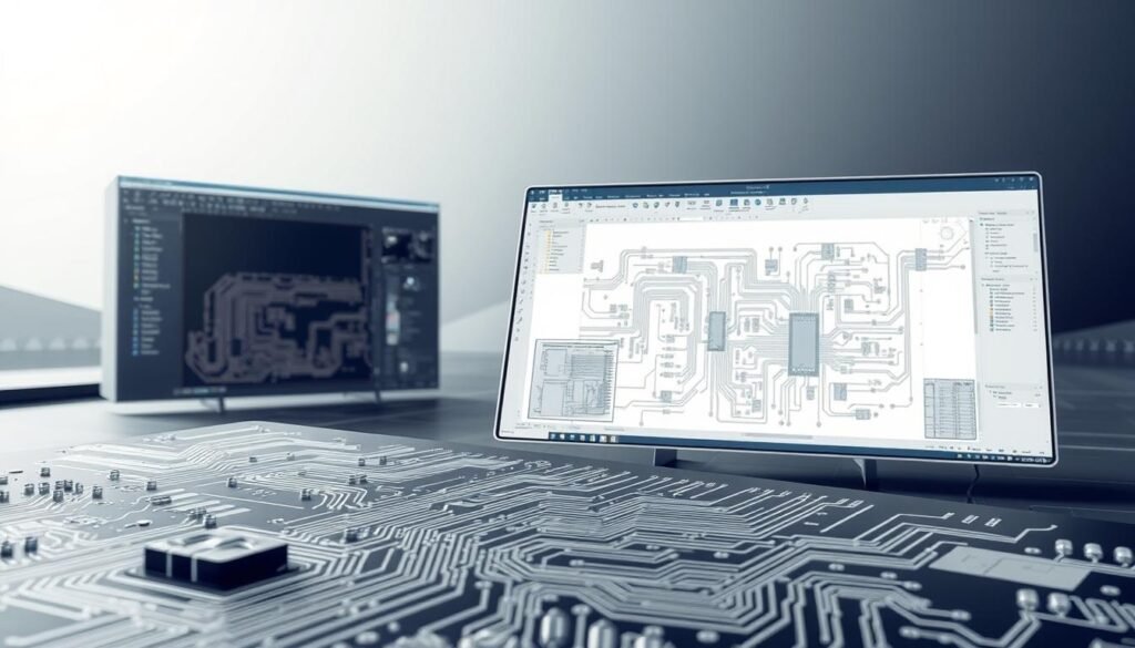 A sleek, highly detailed digital illustration of the PCB schematic design process. The foreground showcases a complex circuit diagram with intricate electronic components, interconnected by clean, precisely-drawn traces. In the middle ground, a CAD software interface displays the schematic layout, with meticulous attention to design rules and component placement. The background features a subtle, futuristic environment, with a minimalist color palette and subtle gradients, creating a sense of depth and technicality. The overall scene conveys a seamless, methodical workflow, where engineering expertise and advanced tools converge to transform concepts into a functional, high-quality PCB design.