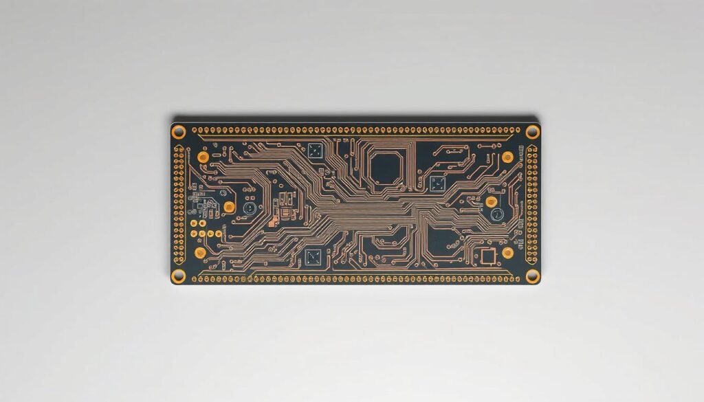 A sleek, minimalist layout of a printed circuit board (PCB) design, showcasing the intricate patterns of copper traces, vias, and component placements. The PCB is illuminated from above, casting subtle shadows that highlight the board's depth and texture. The background is a clean, neutral gradient, allowing the PCB design to be the central focus. The overall impression is one of precision, efficiency, and technical elegance, reflecting the optimization principles of panelization for mass production.