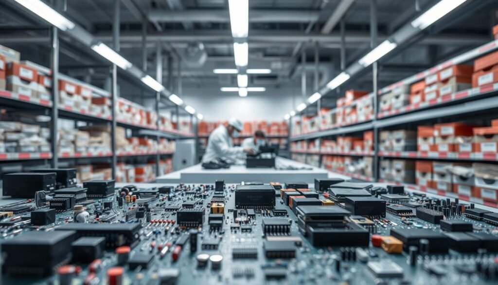 A sleek, modern electronics components sourcing facility. In the foreground, various electronic components like resistors, capacitors, and microchips are neatly arranged on a well-lit workbench. In the middle ground, workers in clean-room attire carefully inspect and package components. The background showcases rows of shelves stocked with labeled bins of assorted electronic parts, bathed in the soft glow of overhead lighting. The scene conveys a sense of efficiency, precision, and a robust, resilient supply chain ready to support complex PCBA projects.