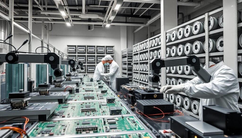 A sleek, modern electronics manufacturing facility with a focus on cost-effective surface mount technology (SMT) assembly. The foreground features a series of high-precision pick-and-place machines skillfully assembling intricate circuit boards, their robotic arms moving with fluid efficiency. In the middle ground, quality control technicians in clean-room attire closely inspect finished products, ensuring top-notch performance. The background showcases neatly organized storage racks filled with reels of electronic components, reflecting the facility's meticulous inventory management. Soft, diffused lighting creates a calming, professional atmosphere, underscoring the facility's dedication to both cost-effectiveness and exceptional quality.