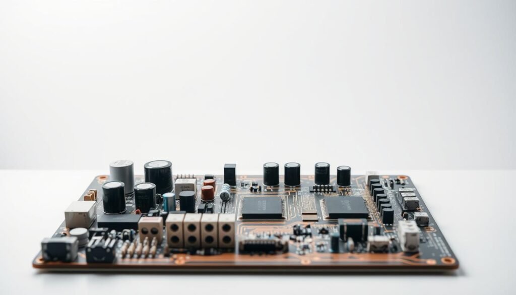 A sleek, modern industrial control PCB showcased in a well-lit, minimalist setting. In the foreground, an array of precisely arranged, high-quality electronic components - resistors, capacitors, integrated circuits, and connectors - exuding an aura of reliability and durability. The midground features the PCB layout, with clean copper traces and a robust, multi-layered construction. The background subtly suggests a harsh, rugged environment, hinting at the board's suitability for industrial applications. Soft, directional lighting accentuates the components' details, creating a sense of precision and attention to engineering. The overall composition conveys the reliability and resilience inherent in this industrial control PCBA design.