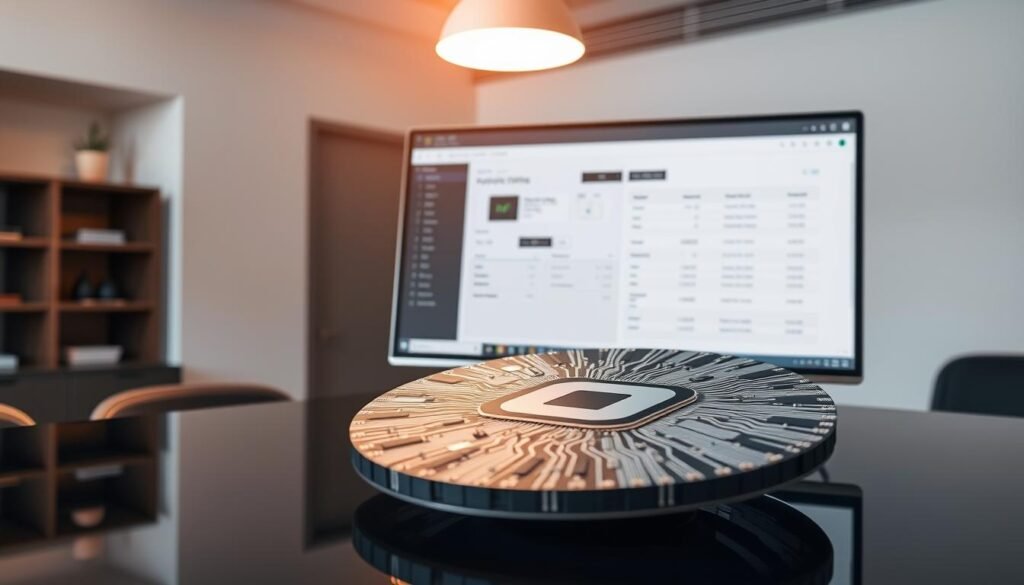 A sleek, modern instant PCB quoting system stands on a glossy desk, its intuitive interface displayed on a large, high-resolution monitor. The system's minimalist design features clean lines and a muted color palette, projecting an air of professionalism and efficiency. In the foreground, a 3D render of a printed circuit board rotates gently, highlighting the intricate traces and components. The background is softly blurred, drawing the viewer's attention to the central system and the PCB, creating a sense of focus and clarity. Subtle lighting from above casts a warm, natural glow, accentuating the system's elegant aesthetic. The overall atmosphere conveys a sense of streamlined, state-of-the-art technology at the service of efficient PCBA quoting.