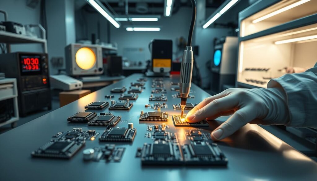 A sleek, modern laboratory setting with a centralized workbench. On the bench, multiple microchips and circuit boards are being flashed with firmware, their components illuminated by bright, directional lighting. In the foreground, a technician's hands skillfully wield a specialized flashing tool, the process captured from an angled perspective to highlight the intricate details. In the background, various test equipment and tools suggest a professional, high-tech environment dedicated to the delicate art of firmware flashing, a crucial step in the PCBA manufacturing process.