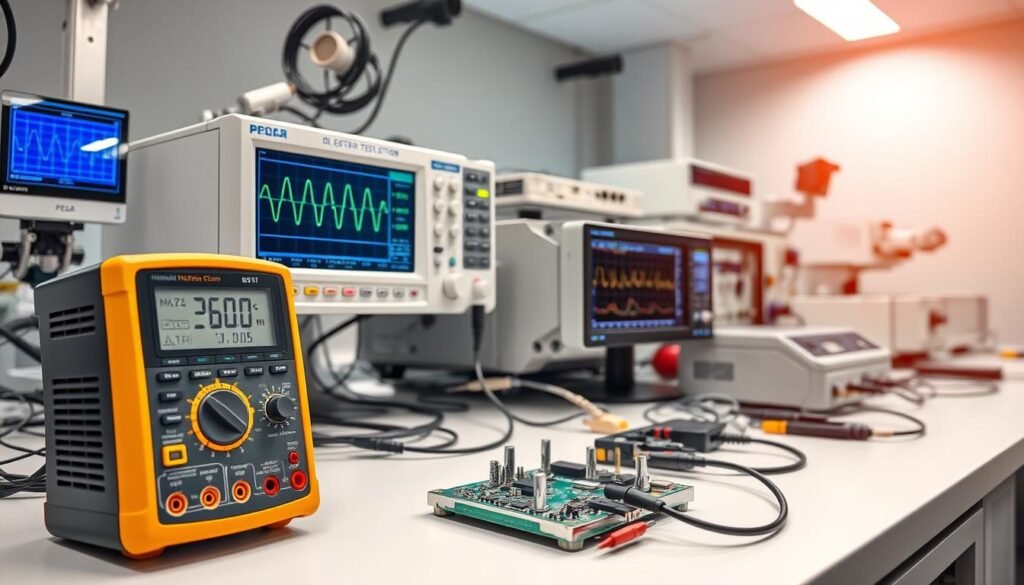 A sleek, modern laboratory setting with a workbench featuring an array of precision test equipment. In the foreground, a high-resolution digital multimeter, its display showcasing diagnostic readouts. In the middle ground, a state-of-the-art oscilloscope with a large, crisp screen displaying waveform analysis of a printed circuit board assembly (PCBA) under test. The background is filled with other specialized instruments, including signal generators, logic analyzers, and thermal imaging cameras, all arranged in a clean, organized manner, reflecting the meticulous nature of PCBA functional testing. Bright, diffused lighting illuminates the scene, creating a professional, technical atmosphere.