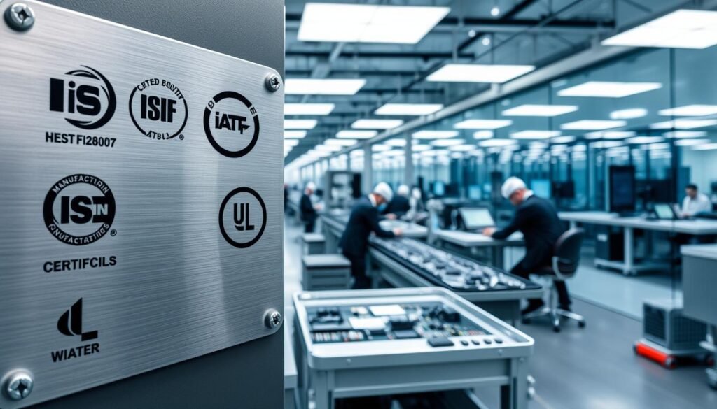 A sleek, modern manufacturing facility showcasing quality certifications and standards. In the foreground, a close-up view of various certification logos and seals, such as ISO, IATF, and UL, etched onto a metallic plaque with a brushed steel finish. The middle ground features a panoramic view of the production line, with workers in clean suits diligently assembling electronic components under bright, evenly distributed lighting. In the background, a glass-walled control room overlooks the entire operation, highlighting the sophisticated, high-tech nature of the facility. The overall scene conveys a sense of precision, reliability, and adherence to the highest manufacturing standards.