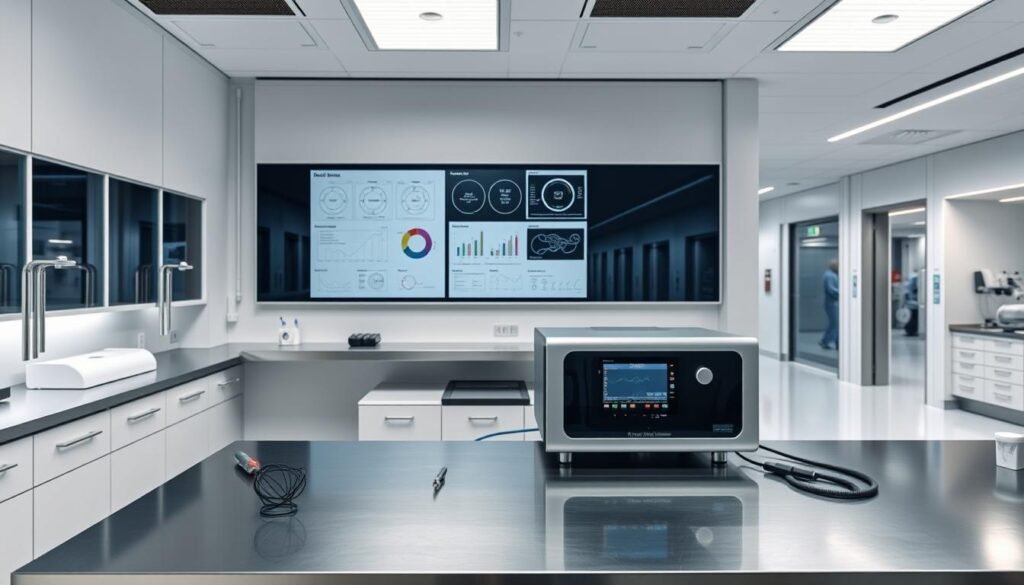 A sleek, modern medical laboratory with a minimalist aesthetic. In the foreground, a state-of-the-art medical device sits atop a clean, stainless steel workbench, surrounded by various tools and equipment. The middle ground features a wall-mounted display showcasing intricate quality control diagrams and charts, illuminated by soft, diffused lighting. The background depicts a panoramic view of a bustling hospital corridor, conveying a sense of clinical efficiency and professionalism. The overall atmosphere is one of precision, innovation, and a steadfast commitment to quality management systems in the medical device industry.