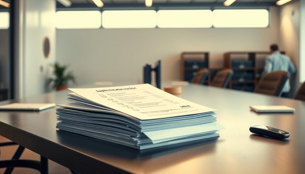 A sleek, modern office desk with a neatly organized stack of documents, including a supplier evaluation checklist. The checklist is displayed prominently, its pages crisp and clean, with checkboxes and well-structured sections. Surrounding the desk, a minimalist, well-lit interior with neutral tones and subtle industrial accents, creating a professional and efficient atmosphere. The camera angle captures the scene from a slightly elevated perspective, emphasizing the centrality of the evaluation checklist. Soft, directional lighting casts warm shadows, guiding the viewer's focus to the key elements of the image.