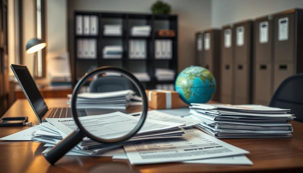 A sleek, modern office scene with a cluttered desk featuring stacks of paperwork, a laptop, and various shipping-related items. In the foreground, a magnifying glass highlights the intricate details of customs forms and invoices. The middle ground showcases a globe and a parcel on the desk, symbolizing the international nature of the shipment. In the background, a bookshelf and filing cabinets suggest the administrative aspect of shipping and customs. The lighting is warm and focused, creating a sense of professionalism and attention to detail. The overall mood is one of careful consideration and meticulous organization, reflecting the complexities of understanding shipping, customs, and additional fees.
