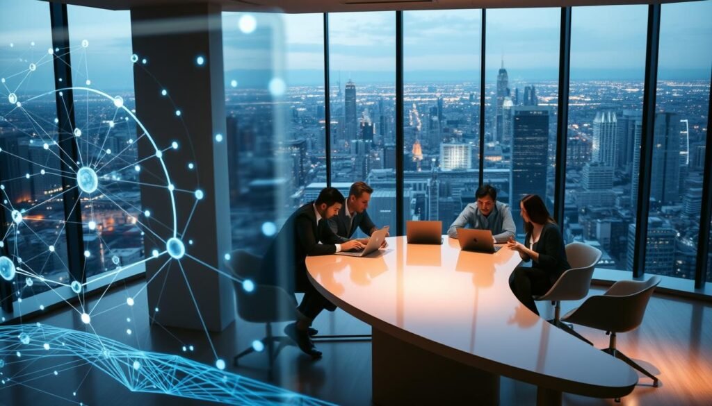 A sleek, modern office setting with a focus on data analytics and supply chain optimization. In the foreground, a holographic display shows intricate supply chain visualizations, with interconnected nodes and dynamic flow lines. The middle ground features a team of analysts huddled around a curved, minimalist conference table, engaged in deep discussion, their faces illuminated by the glow of their laptops. The background showcases floor-to-ceiling windows, offering a panoramic view of a bustling city skyline, symbolizing the global reach of the supply chain. Soft, directional lighting casts a warm, productive atmosphere, while the overall composition conveys a sense of order, efficiency, and the power of data-driven decision-making.