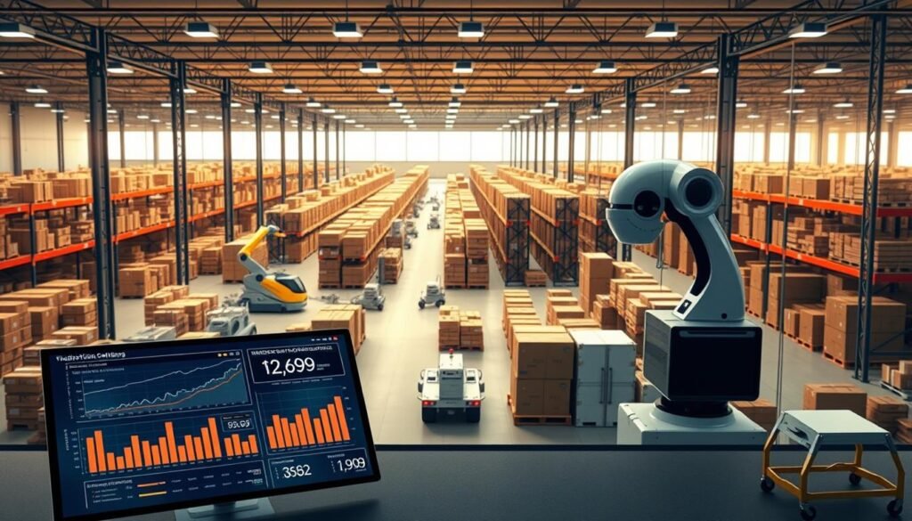 A sleek, modern office setting with an array of cutting-edge supply chain management technologies. In the foreground, a touchscreen dashboard displays real-time data analytics and logistics optimization algorithms. In the middle ground, robotic arms efficiently package and sort inventory while autonomous vehicles navigate the warehouse aisles. The background features a panoramic view of a sprawling distribution center, bathed in warm, diffused lighting from large windows. Streamlined, minimalist design elements evoke a sense of technological sophistication and seamless integration within the supply chain ecosystem.