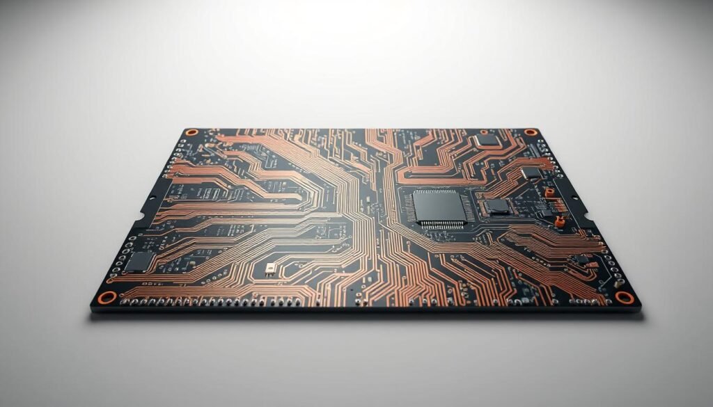 A sleek, modern printed circuit board (PCB) layout takes center stage, its intricate copper traces and component footprints arranged in a visually striking pattern. The PCB is set against a minimalist, monochrome background, creating a clean and professional aesthetic. Subtle highlights and shadows accentuate the depth and textures of the board, while a soft, directional lighting setup casts a warm, focused glow on the scene. The overall composition conveys a sense of precision, efficiency, and cost-conscious optimization - the key elements of effective PCB cost control strategies for procurement and supply chain management.