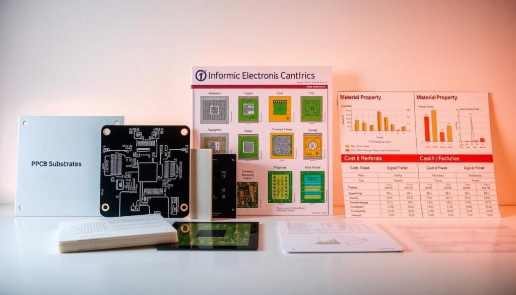 A sleek, modern printed circuit board material selection showcasing the Informic Electronics brand. The foreground displays various PCB substrates, including FR-4, polyimide, and ceramic, neatly arranged against a softly lit, muted background. The middle ground features cross-sectional diagrams and material property charts, conveying the technical details and cost implications of each option. Lighting is subtle, creating depth and highlighting the textures and finishes of the materials. The overall mood is professional, informative, and visually appealing, suitable for an article on PCBA manufacturing.
