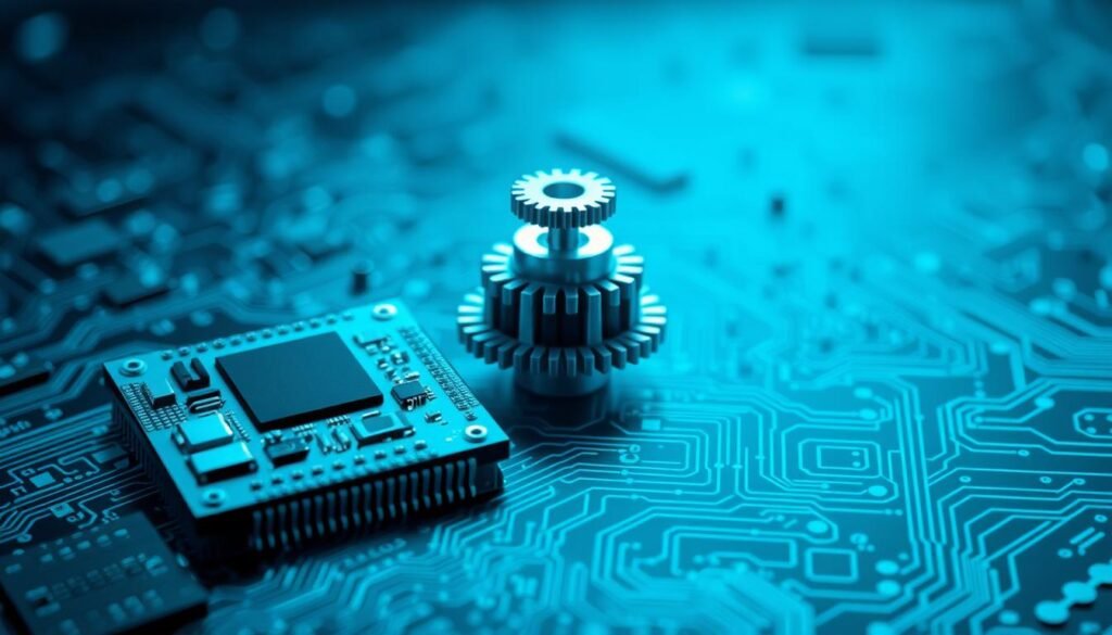 A sleek, technical diagram of an embedded systems firmware architecture. In the foreground, a microcontroller chip with its various peripherals and interfaces, rendered in shades of silver and black. In the middle ground, a hierarchical structure of firmware layers, from the low-level device drivers to the high-level application software, visualized as interlocking gears and cogs. In the background, a subtle grid pattern suggesting the broader computing ecosystem, with hints of circuit board traces and digital signals. The overall scene is bathed in a cool, blue-tinged lighting, conveying a sense of precision and digital elegance.