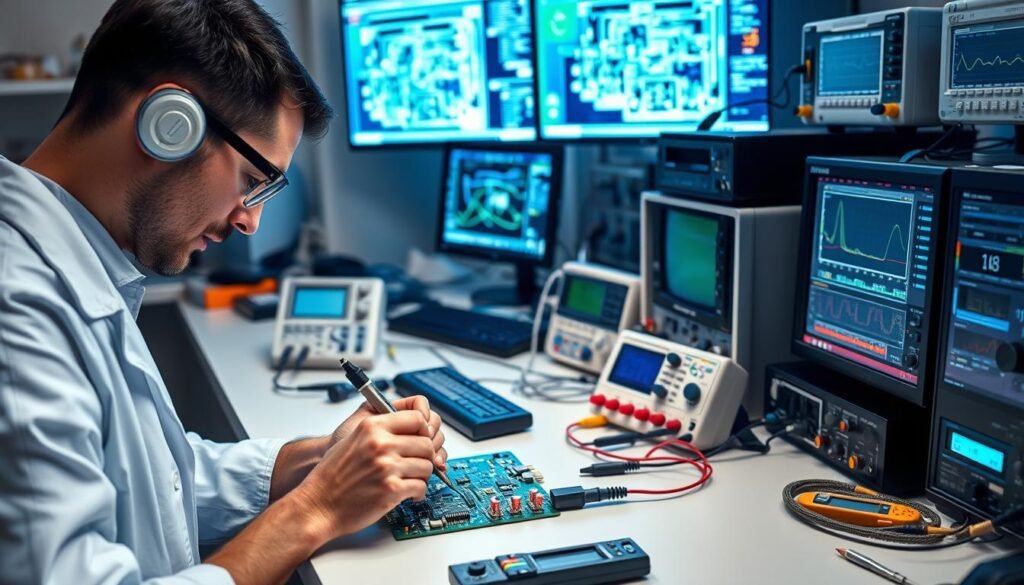 A sleek, well-lit laboratory setting, with various electronic testing equipment arranged on a clean, orderly workbench. In the foreground, a technician in a white lab coat meticulously examines a printed circuit board, using precision tools and instruments to assess its functionality. The middle ground showcases an array of testing probes, multimeters, and oscilloscopes, their displays showing detailed readouts and waveforms. In the background, a bank of computer monitors displays schematic diagrams and test data, casting a soft, technical glow over the scene. The overall atmosphere conveys a sense of professionalism, attention to detail, and a commitment to quality control in the world of PCB manufacturing.