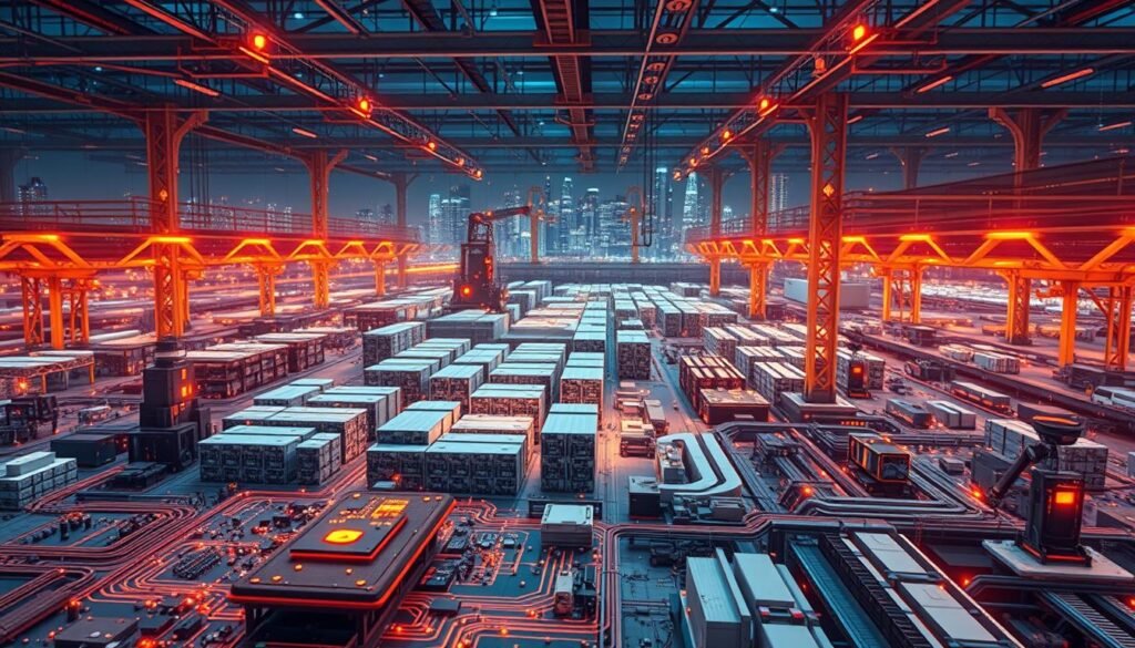 A sprawling AI-powered supply chain optimization ecosystem. In the foreground, intricate circuit boards and microchips float amidst a web of algorithms and data streams. In the middle ground, automated warehouses and robotic assembly lines hum with efficiency. In the background, a cityscape of gleaming skyscrapers and futuristic transportation networks. Warm lighting casts a glow over the scene, conveying a sense of innovation and progress. Crisp, high-resolution photography captures the technological complexity and seamless integration of this AI-driven manufacturing landscape.