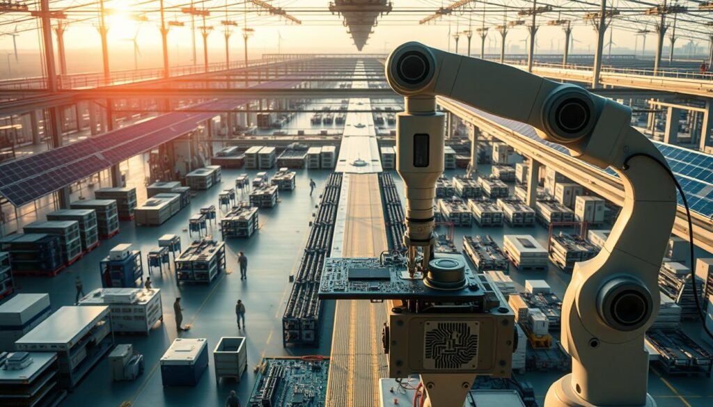 A sprawling factory floor bathed in warm, natural light. In the foreground, a sleek robotic arm precisely assembles a circuit board, showcasing innovative sustainable manufacturing technologies. In the middle ground, rows of 3D-printed production tools and eco-friendly materials stand ready. The background reveals a panoramic view of the facility, adorned with solar panels and wind turbines, embodying a vision of clean, renewable energy powering the future of electronics manufacturing.