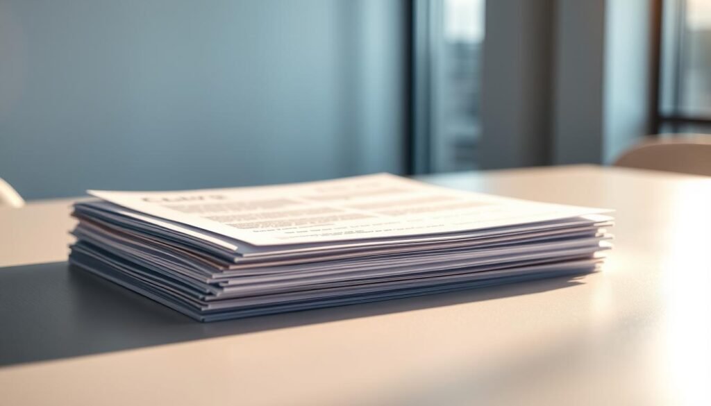 A stack of legal contracts for manufacturing security, illuminated by a warm, directional light. The documents are placed on a clean, minimalist table, casting subtle shadows. The foreground showcases the contractual agreements in detail, while the middle ground features a sense of professionalism and expertise. The background suggests a sophisticated, corporate environment, hinting at the importance of these legal safeguards in protecting intellectual property when working with a Chinese PCBA factory. The overall mood conveys a sense of confidence, security, and attention to detail.