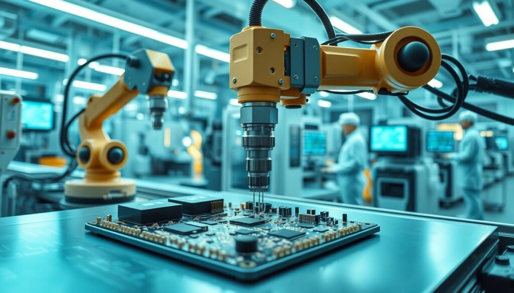 A state-of-the-art Informic Electronics PCB manufacturing facility, showcasing advanced automated assembly processes. In the foreground, precision robotic arms meticulously solder components onto a complex multilayer circuit board. The middle ground reveals a clean, well-lit production line with specialized equipment, including pick-and-place machines and reflow ovens. In the background, technicians in clean-room attire monitor the manufacturing workflow on digital displays, ensuring quality and efficiency. Subtle blue and green hues create a futuristic, high-tech atmosphere, reflecting the cutting-edge nature of Informic's IoT device production capabilities.
