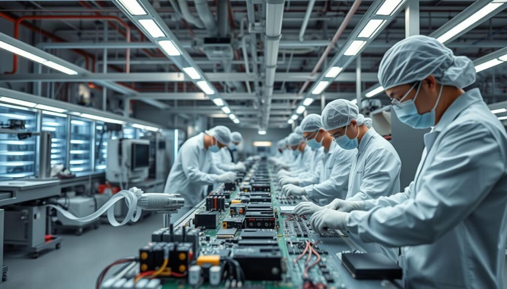 A state-of-the-art Informic Electronics assembly line, bathed in a soft, diffused light. Technicians in clean room garb meticulously inspect and assemble circuit boards, their movements precise and choreographed. The background is a blur of high-tech equipment, conveyor belts, and sophisticated diagnostic tools, hinting at the rigorous quality control processes. The scene conveys a sense of readiness, efficiency, and attention to detail - the hallmarks of a production facility primed for seamless, high-volume PCBA manufacturing.