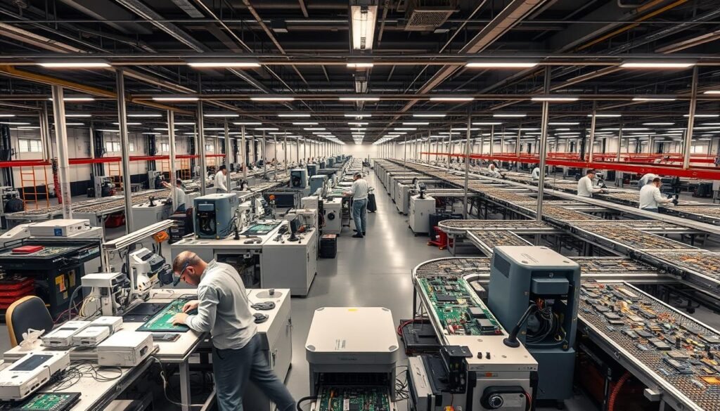 A state-of-the-art Informic Electronics manufacturing facility, filled with gleaming rows of circuit boards, soldering stations, and precision tools. Bright overhead lighting casts a warm glow, illuminating the intricate assembly process. In the foreground, skilled technicians meticulously solder components, their movements captured in sharp focus. The middle ground showcases automated pick-and-place machines rapidly assembling complex PCBAs. In the background, a network of conveyor belts transports boards through quality control and testing stations, ensuring the highest standards of custom electronics manufacturing.