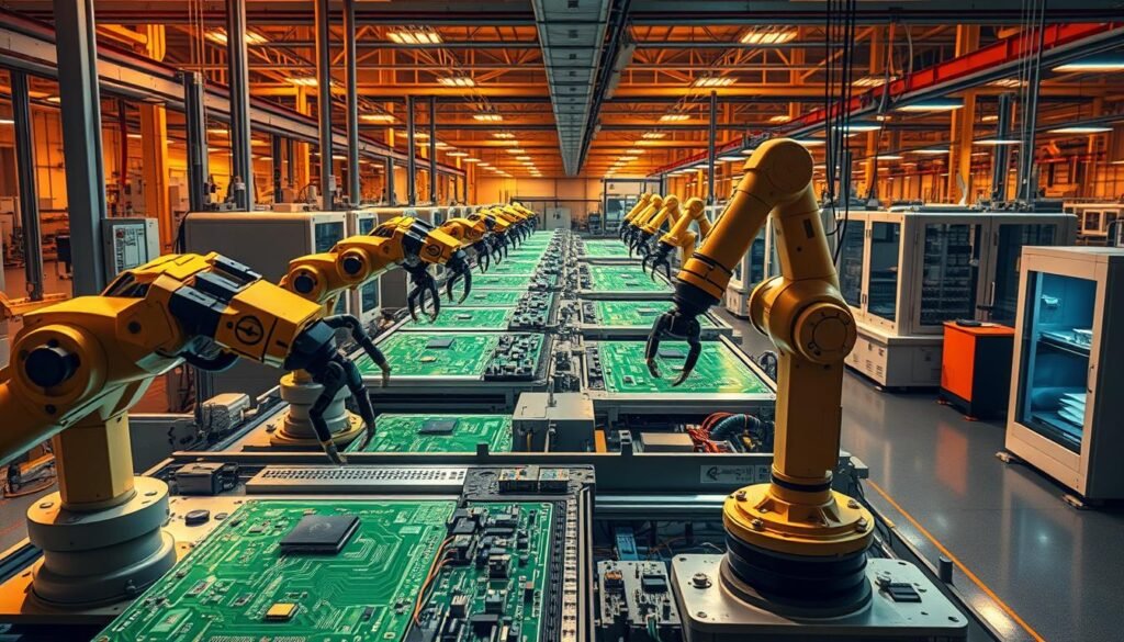A state-of-the-art PCB manufacturing facility, bathed in warm industrial lighting. In the foreground, highly precise robotic arms delicately assemble intricate circuit boards, their movements choreographed with machine-like precision. In the middle ground, gleaming production lines churn out PCBs, each one meticulously inspected and tested. The background reveals a labyrinth of advanced equipment, from high-tech pick-and-place machines to automated soldering stations, all working in harmony to create the next generation of electronic components. The atmosphere is one of efficiency, innovation, and technological prowess, capturing the essence of modern PCB manufacturing.