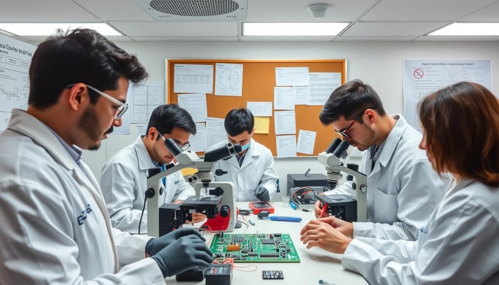 A state-of-the-art PCBA evaluation lab operated by Informic Electronics. A team of engineers in white lab coats carefully inspecting a circuit board under bright, evenly distributed lighting. Precise instruments like multimeters and microscopes are used to meticulously test the board's functionality and components. The background features technical diagrams, test results, and quality control checklists pinned to a corkboard, conveying a sense of rigorous, systematic evaluation. The overall mood is one of professionalism, attention to detail, and a commitment to ensuring the highest standards of PCBA quality and reliability.