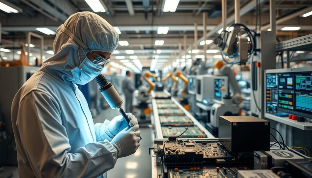 A state-of-the-art PCBA production facility, bathed in a soft, warm lighting. In the foreground, a technician in a clean room suit carefully inspects a circuit board, utilizing precision tools and a high-powered magnifying lens. In the middle ground, automated assembly lines efficiently assemble components, while robotic arms deftly solder and test the boards. The background showcases a meticulously organized quality control laboratory, with rows of diagnostic equipment and data analytics displays, ensuring every product meets the highest standards. The atmosphere exudes a sense of technological prowess, efficiency, and a relentless commitment to quality.
