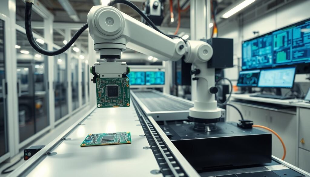 A state-of-the-art automated PCB inspection system in a clean, well-lit industrial setting. In the foreground, a robotic arm meticulously examines a circuit board, using high-resolution cameras and advanced sensors to detect even the smallest defects. In the middle ground, a conveyor belt smoothly transports boards through the inspection process, while in the background, a bank of sophisticated computer monitors displays real-time quality control data. The scene conveys a sense of precision, efficiency, and a commitment to maintaining the highest standards of manufacturing excellence.