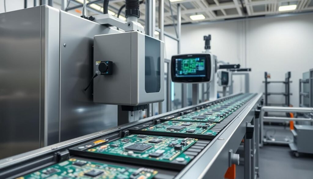A state-of-the-art automated optical inspection system stands prominently in a well-lit, modern PCBA manufacturing facility. Intricate circuit boards move along a conveyor belt, meticulously scanned by a series of high-resolution cameras and sensors. Sleek, silver machine enclosures house advanced imaging algorithms that analyze every minute component and connection with precision. Soft, diffused lighting illuminates the scene, casting subtle shadows that accentuate the complex surface textures of the printed circuit boards. The overall atmosphere conveys a sense of technological sophistication, efficiency, and quality control essential to the production of reliable, high-performance electronics.