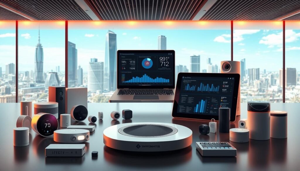 A state-of-the-art collection of Internet of Things (IoT) devices designed by Informic Electronics, showcasing a seamless and intelligent connectivity. In the foreground, a sleek and modern smart home hub surrounded by various IoT sensors and devices, including a smart thermostat, security camera, and smart lighting. The middle ground features a clean, minimalist workspace with a laptop and tablet displaying real-time data and analytics from the connected devices. In the background, a cityscape with skyscrapers and a clear, azure sky, symbolizing the broader network and infrastructure enabling the smart connectivity. The scene is illuminated by warm, diffused lighting, creating a cohesive and visually appealing atmosphere.