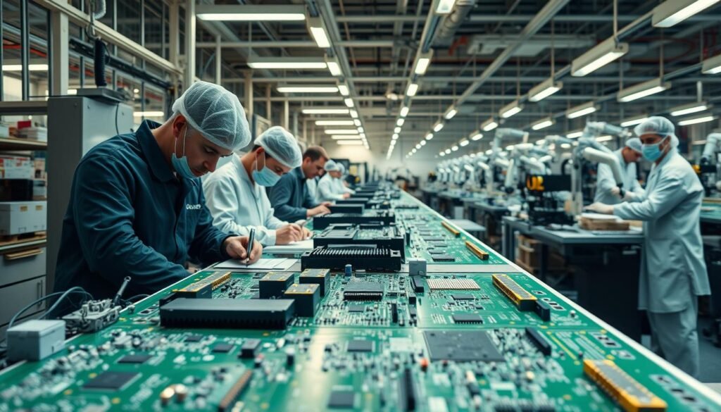 A state-of-the-art electronics manufacturing facility, filled with a collaborative team of engineers and technicians working in sync. The foreground showcases intricate circuit boards being carefully assembled, with tools and components neatly organized. In the middle ground, workers in clean room attire diligently inspect and test the products, ensuring quality and precision. The background reveals a bustling production line, with robotic arms seamlessly placing components and soldering connections. Soft, diffused lighting casts a warm, professional atmosphere, highlighting the technical expertise and teamwork required for successful new product introduction. The scene conveys the essential role of a PCBA manufacturer in the product development process.