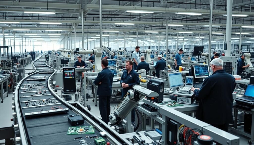 A state-of-the-art electronics manufacturing facility, filled with rows of gleaming machinery and bustling workers. In the foreground, a conveyor belt transports a variety of circuit boards and components, while robotic arms precisely assemble the parts. In the middle ground, managers oversee the process, analyzing data on digital screens and coordinating the supply chain logistics. The background is a panoramic view of the factory, with high ceilings, large windows, and efficient lighting that creates a sense of order and organization. The overall atmosphere conveys the complexities of modern electronics manufacturing and the importance of effective supply chain management.