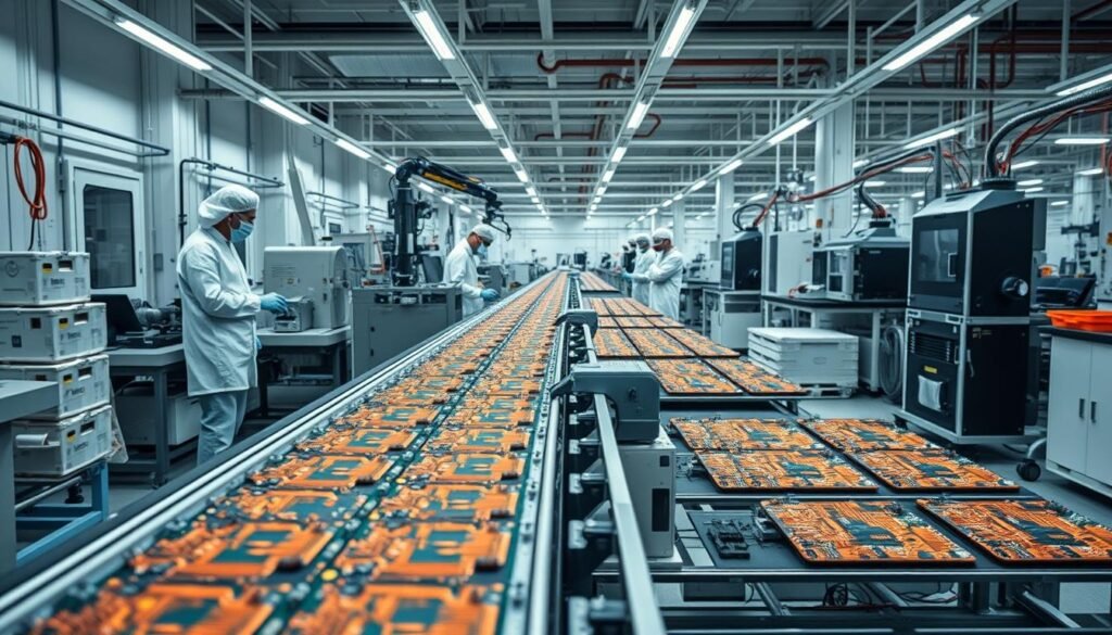 A state-of-the-art electronics manufacturing facility, filled with the hum of precision machinery and the organized chaos of a well-oiled production line. In the foreground, a conveyor belt transports meticulously assembled printed circuit boards, their copper traces shimmering under bright LED lighting. Technicians in clean-room attire meticulously inspect and package the PCBs, ensuring quality and consistency. In the middle ground, robotic arms deftly solder components, while 3D printers churn out custom enclosures. The background reveals a panoramic view of the factory floor, with rows of specialized workstations and high-tech testing equipment, all working in harmony to deliver turnkey PCBA services of the highest caliber.