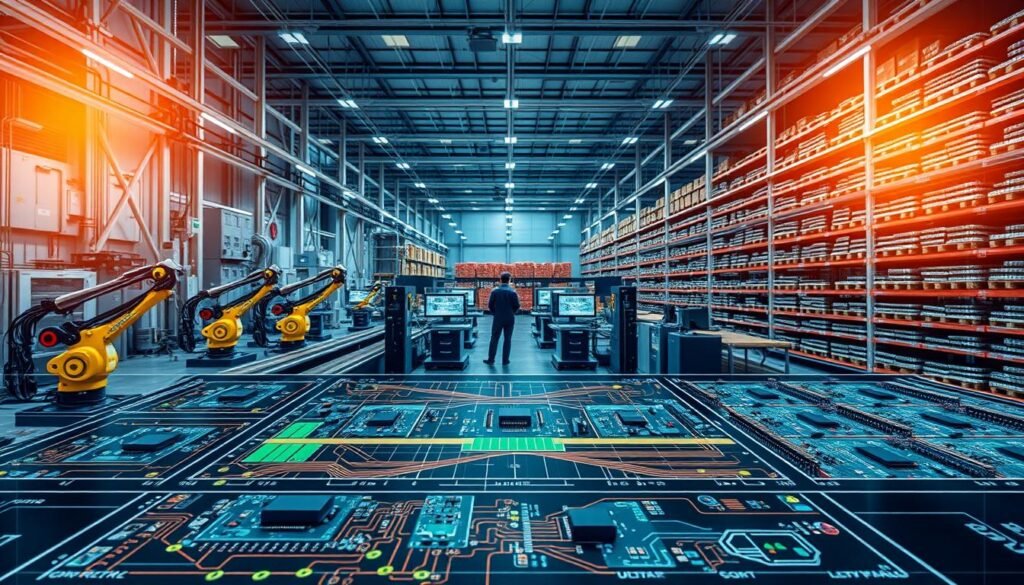 A state-of-the-art electronics manufacturing facility, its production floor bustling with robotic arms and conveyor belts efficiently assembling circuit boards. In the foreground, a detailed schematic of the supply chain logistics, color-coded inventory levels, and real-time tracking of material flows. The middle ground showcases a control center, with engineers monitoring a dynamic dashboard of analytics and optimization algorithms. In the background, a sprawling warehouse stocked with neatly organized shelves of electronic components, ready to be seamlessly integrated into the production process. Warm lighting illuminates the scene, conveying a sense of technological sophistication and streamlined operations. The overall atmosphere evokes precision, automation, and a relentless pursuit of supply chain optimization for high-mix, low-volume PCBA orders.