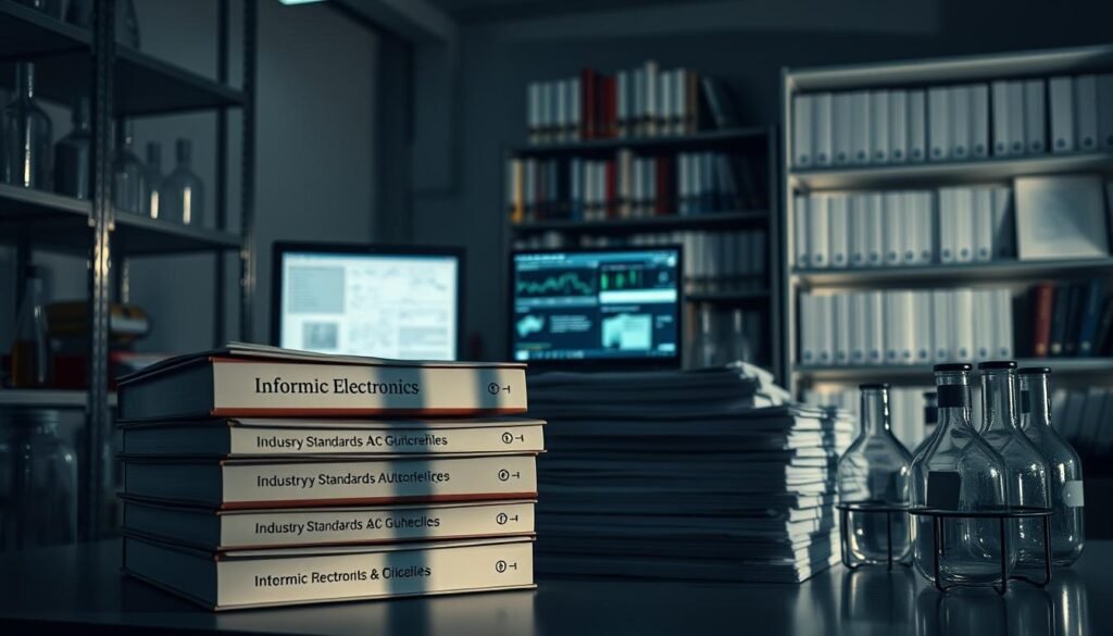 A sterile, dimly lit laboratory setting with steel shelving and glass beakers. In the foreground, a stack of thick regulatory binders and manuals labeled "Informic Electronics" stand prominently, casting long shadows. The middle ground features a computer monitor displaying technical schematics and compliance checklists. In the background, a bookshelf filled with industry standards and guidelines, casting a soft, ambient glow. The overall atmosphere conveys the gravity and precision required to navigate the complex web of medical device regulations.