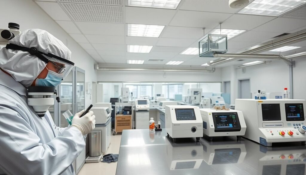 A sterile laboratory setting with specialized equipment for testing restricted hazardous substances. In the foreground, a technician wearing a white lab coat and protective gear operates a sophisticated analytical instrument, carefully examining samples. The middle ground showcases various testing devices, arranged neatly on a stainless steel counter, their digital displays providing real-time data. The background features a panoramic view of the lab, with state-of-the-art ventilation systems and clean-room protocols visible, underscoring the importance of meticulous procedures. Soft, diffused lighting from overhead fixtures casts a professional, clinical ambiance, emphasizing the gravity and precision of the RoHS compliance testing process.