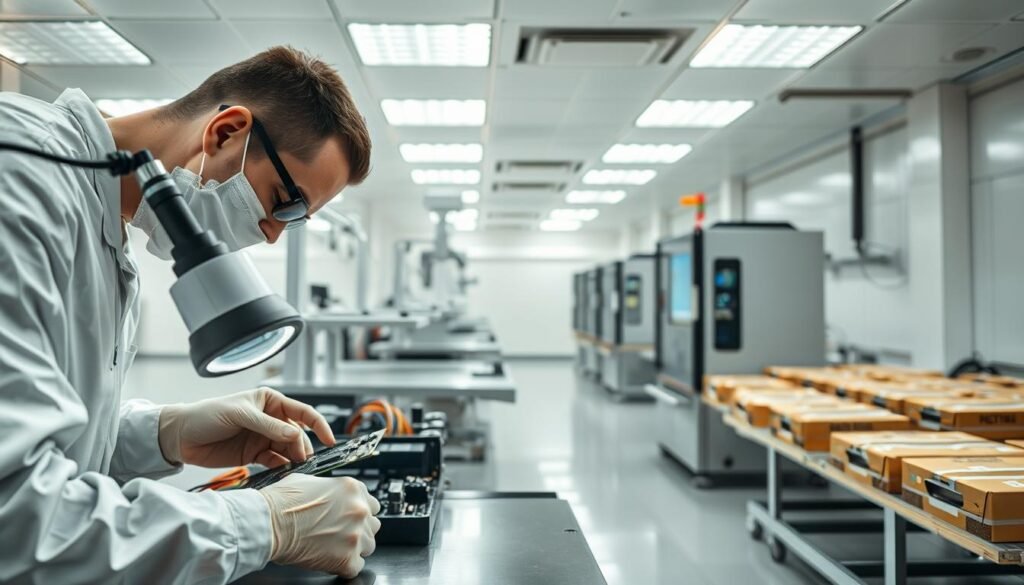 A sterile, well-lit production facility, with multiple stations showcasing a multi-stage PCBA quality control process. In the foreground, a technician meticulously inspects a circuit board, using a high-powered magnifying glass to examine components. In the middle ground, an automated testing rig runs diagnostics, displaying real-time data on a touchscreen interface. In the background, a row of finished, packaged PCBA units awaits final inspection before shipment. Soft, directional lighting accentuates the precision and care taken at each step, creating a sense of professionalism and attention to detail.