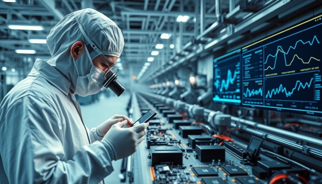 A supply chain security scene set in a well-lit modern manufacturing facility. In the foreground, a worker in a clean-room suit carefully inspects electronic components under a magnifying glass, scrutinizing for signs of counterfeiting. The mid-ground features rows of robotic assembly stations, each meticulously monitoring part provenance and quality. In the background, a digital dashboard displays real-time data analytics, tracking shipments and verifying authenticity across the integrated supply network. Cool-toned lighting and clean, minimal aesthetics convey a sense of precision, control, and technological sophistication in the fight against counterfeit risks.