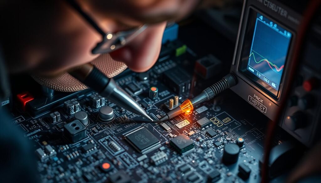 A technician closely examining a complex printed circuit board, illuminated by a combination of focused task lighting and ambient lighting that casts dramatic shadows. The board features an array of intricate components, vias, and traces, with a multimeter and oscilloscope probes delicately touching key points. The scene conveys a sense of precision, investigation, and technical mastery as the technician meticulously diagnoses issues using advanced PCB troubleshooting techniques.
