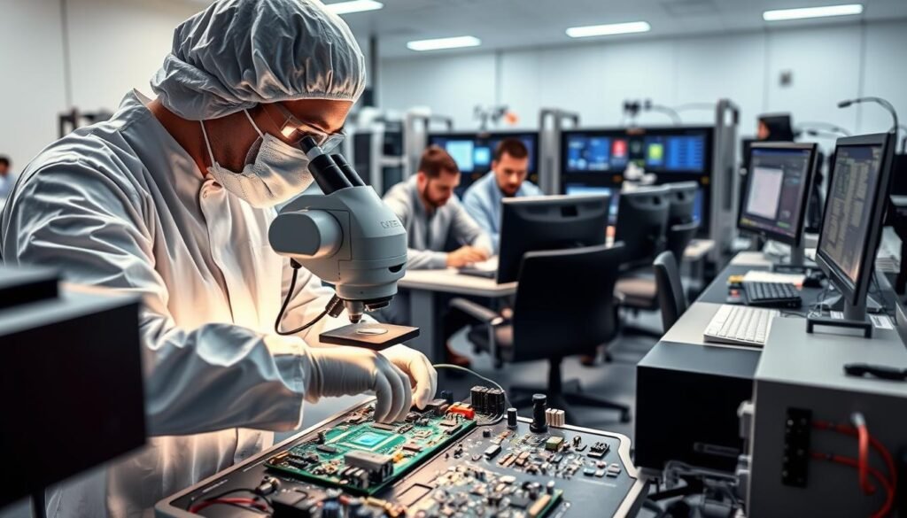 A well-lit and meticulously detailed PCBA (Printed Circuit Board Assembly) quality assurance process. In the foreground, a technician in a clean-room gown carefully inspects a circuit board under a high-magnification microscope, scrutinizing each component and solder joint. In the middle ground, a team of engineers reviews test data on sleek, modern workstations, their expressions focused and analytical. In the background, state-of-the-art testing equipment, including automated test rigs and specialized diagnostic tools, create an impression of a sophisticated, technologically advanced environment. The scene conveys a sense of precision, diligence, and a relentless commitment to quality, reflecting the importance of clear communication in a successful PCBA partnership.