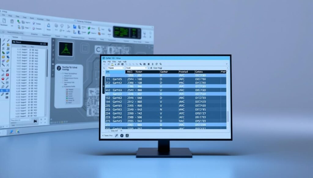 A well-lit, detailed 3D rendering of a computer-aided design (CAD) software interface, showcasing the process of Gerber file verification for printed circuit board (PCB) manufacturing. The foreground depicts a PCB design with various layers and components, with a prominent Gerber file viewer panel displaying the generated Gerber files. The middle ground features control panels, dropdown menus, and toolbars, allowing the user to navigate and inspect the Gerber data. The background sets the scene with a clean, minimalist workspace, highlighting the technical and precise nature of the PCB design and verification workflow.