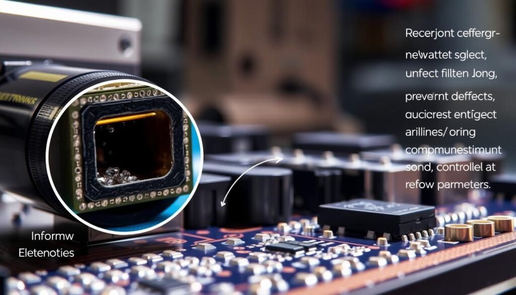 A well-lit, detailed cross-section of a printed circuit board assembly, showcasing proper solder joint formation and prevention of common defects. In the foreground, a magnified view of a soldered component with perfect wetting, uniform fillet, and no voids or bridges. In the middle ground, a broader perspective of the PCB, highlighting precise stencil printing, accurate component placement, and controlled reflow parameters. The background features the Informic Electronics logo, conveying the expertise and quality standards of this leading PCBA manufacturer. The scene is captured with a crisp, high-resolution lens, emphasizing the technical precision and craftsmanship involved in producing reliable, defect-free electronic assemblies.