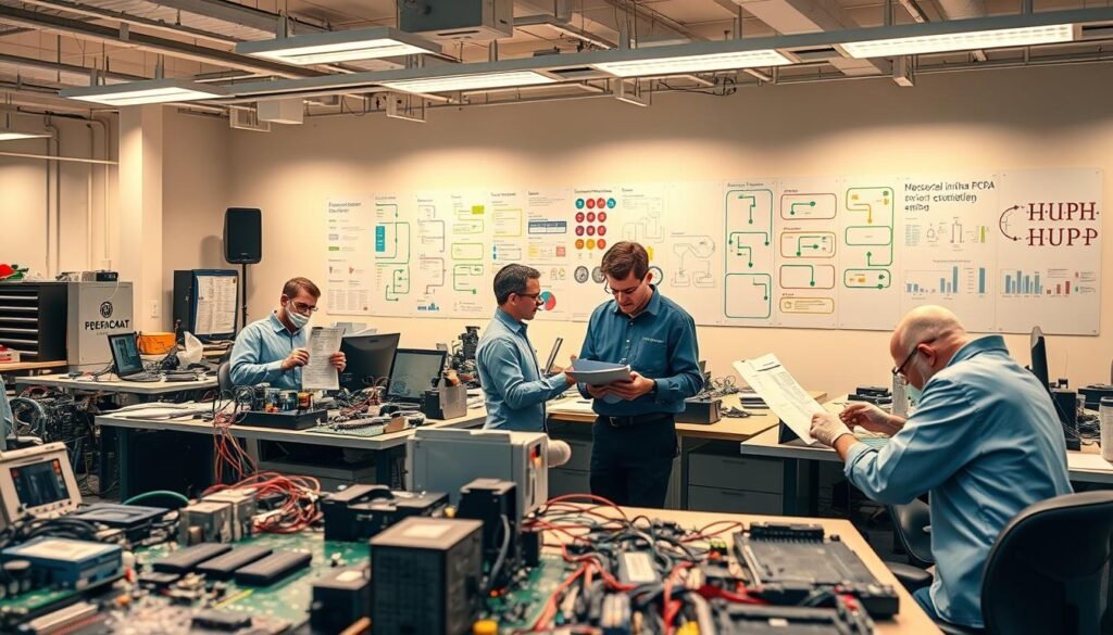 A well-lit, expansive PCBA (Printed Circuit Board Assembly) workshop, with technicians collaborating at workstations. In the foreground, circuit boards and components are being carefully assembled, while in the middle ground, engineers review schematics and design documents, discussing strategies for effective communication. The background showcases a wall display with colorful diagrams and flow charts, illustrating the interconnected nature of PCBA processes and the importance of clear information sharing. Soft, warm lighting creates a professional, focused atmosphere, underscoring the precision and teamwork required for successful PCBA and supply chain management.